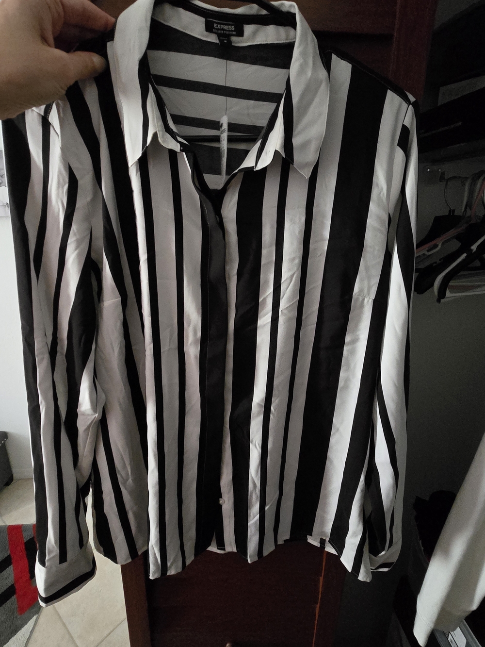 Express Black and White Vertical Stripe Women’s Shirt - Picture 2 of 3